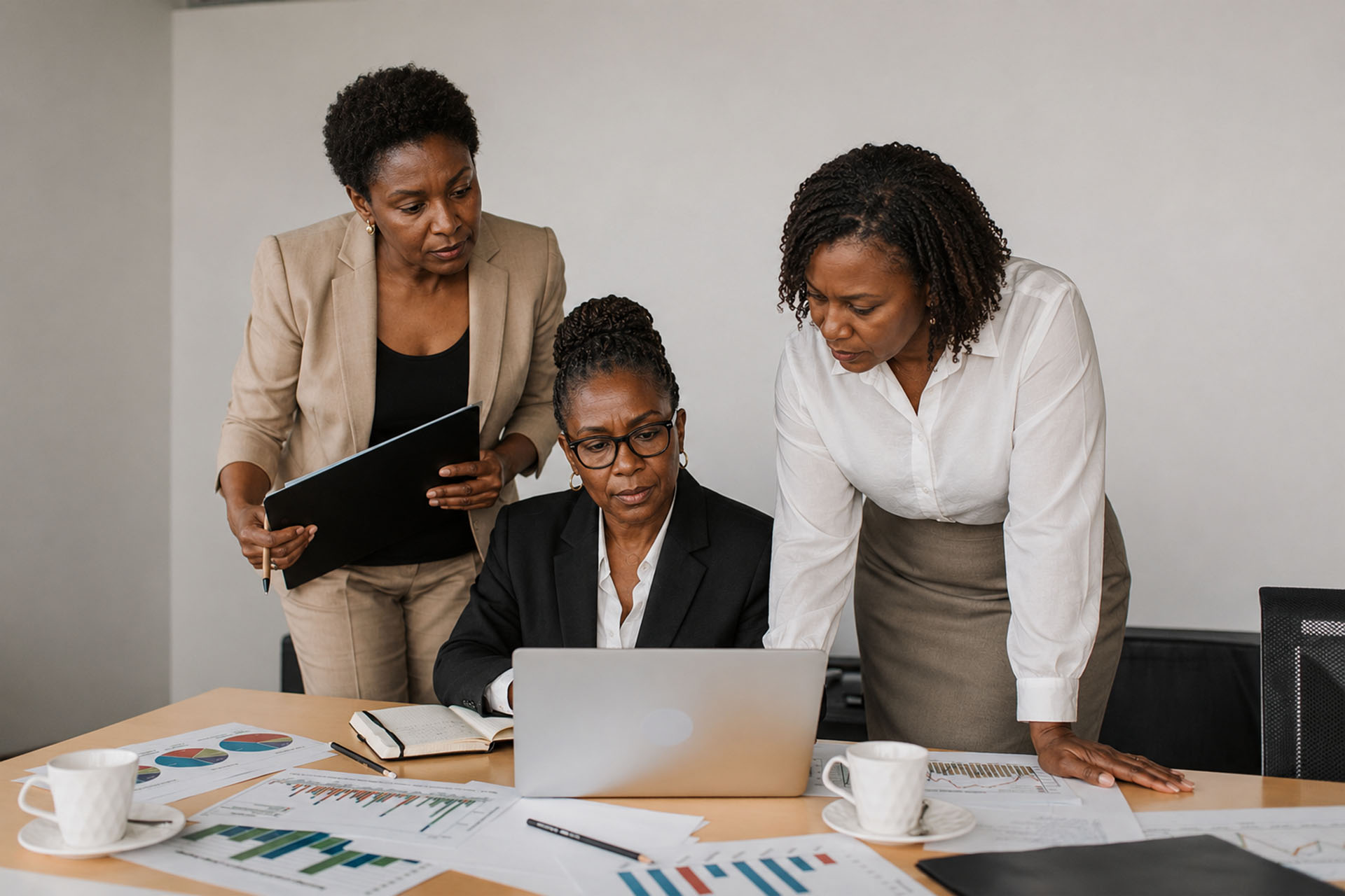 Professionals reviewing their work together